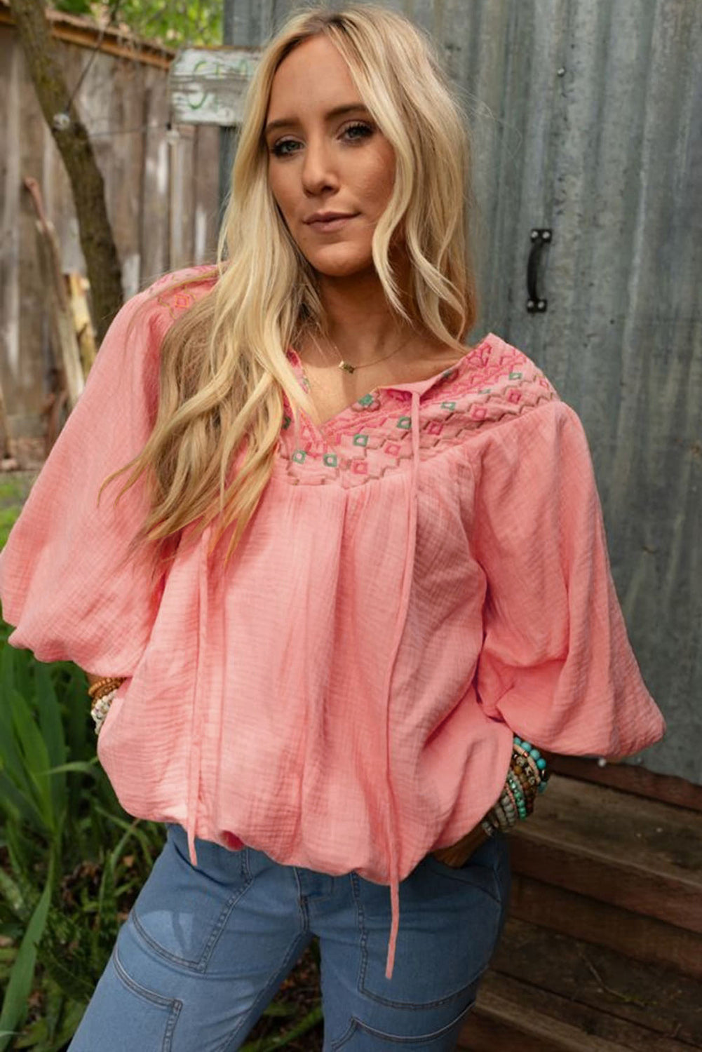 Geometric Embroidered V Neck Puff Sleeve Blouse | Apricot Pink