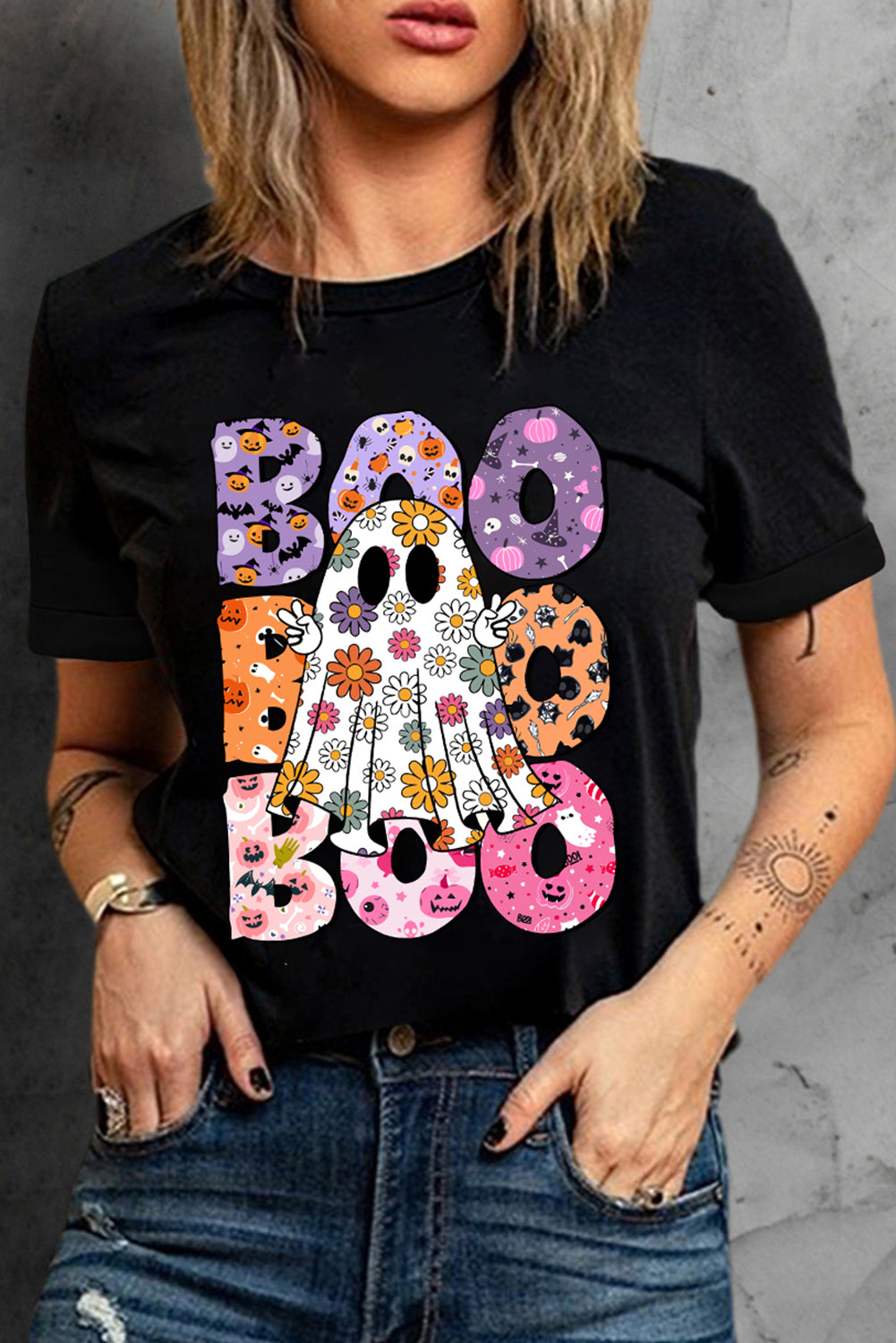 Boo Floral Ghost Print Crew Neck Halloween T Shirt | Black