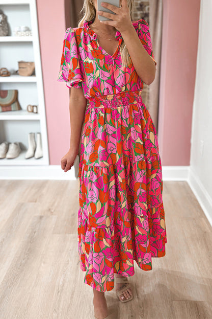 Floral Short Sleeve Smocked Waist Maxi Dress | Rose