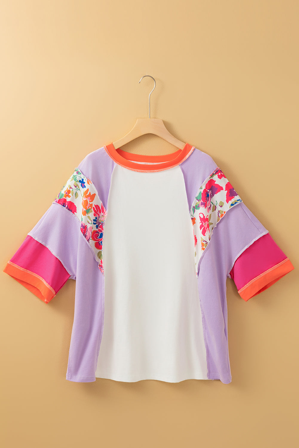 Floral Colour Block Patchwork 3/4 Sleeve Casual Blouse | Sachet Pink