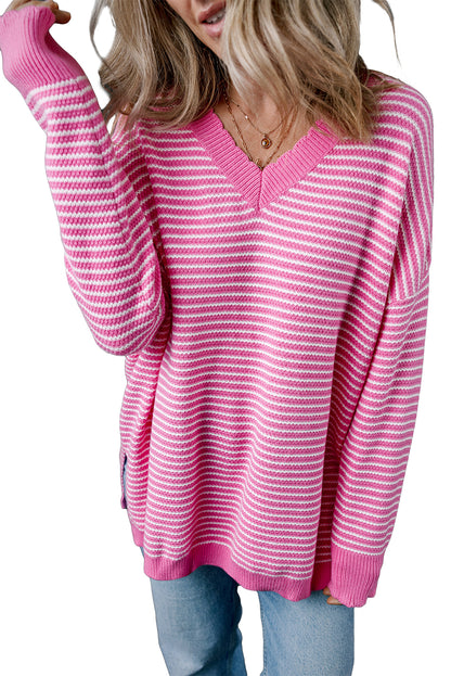 Striped Scallop V Neck Loose Sweater With Slits | Pink