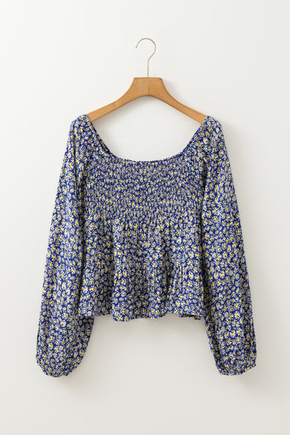 Boho Floral Print Smocked Square Neck Loose Fit Blouse | Blue