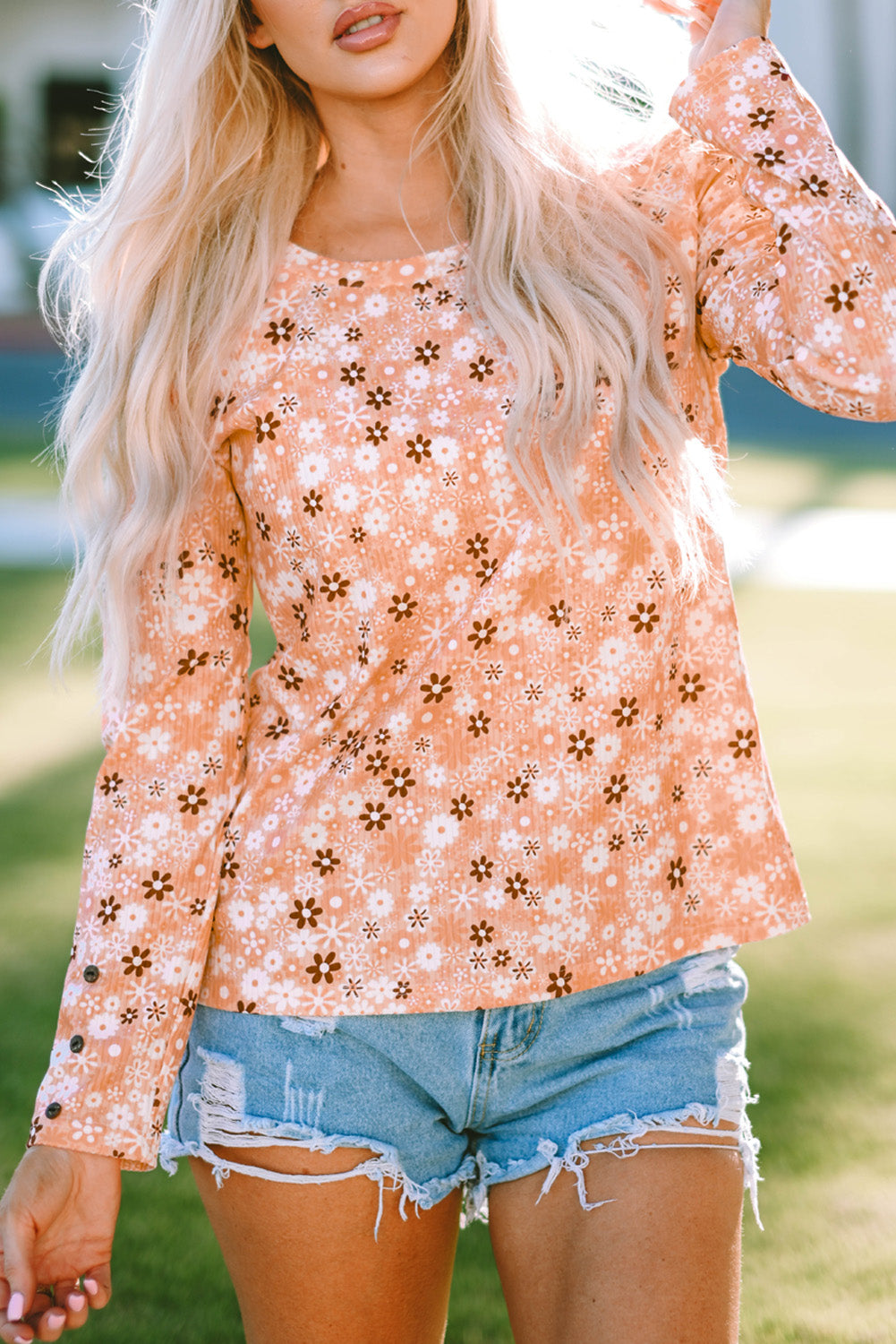 Floral Knit Long Sleeve Top | Orange