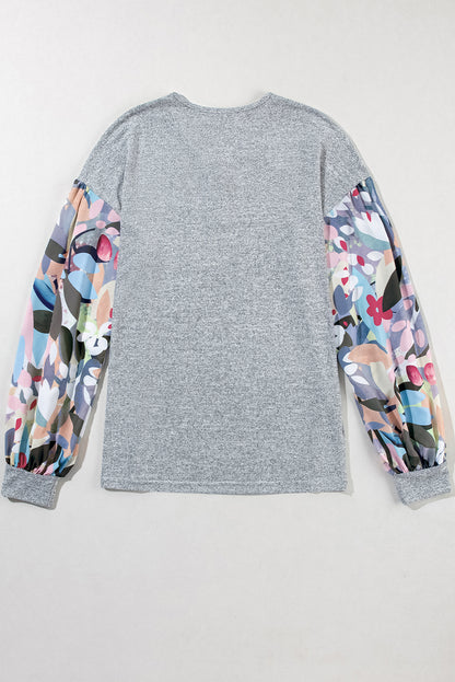 Floral Lantern Sleeve Patchwork Buttoned V Neck Top | Gray