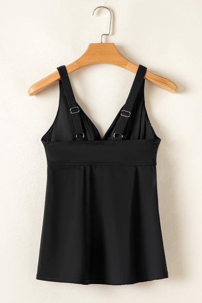 Crossed V Neck Adjustable Strap Babydoll Tankini Top | Black