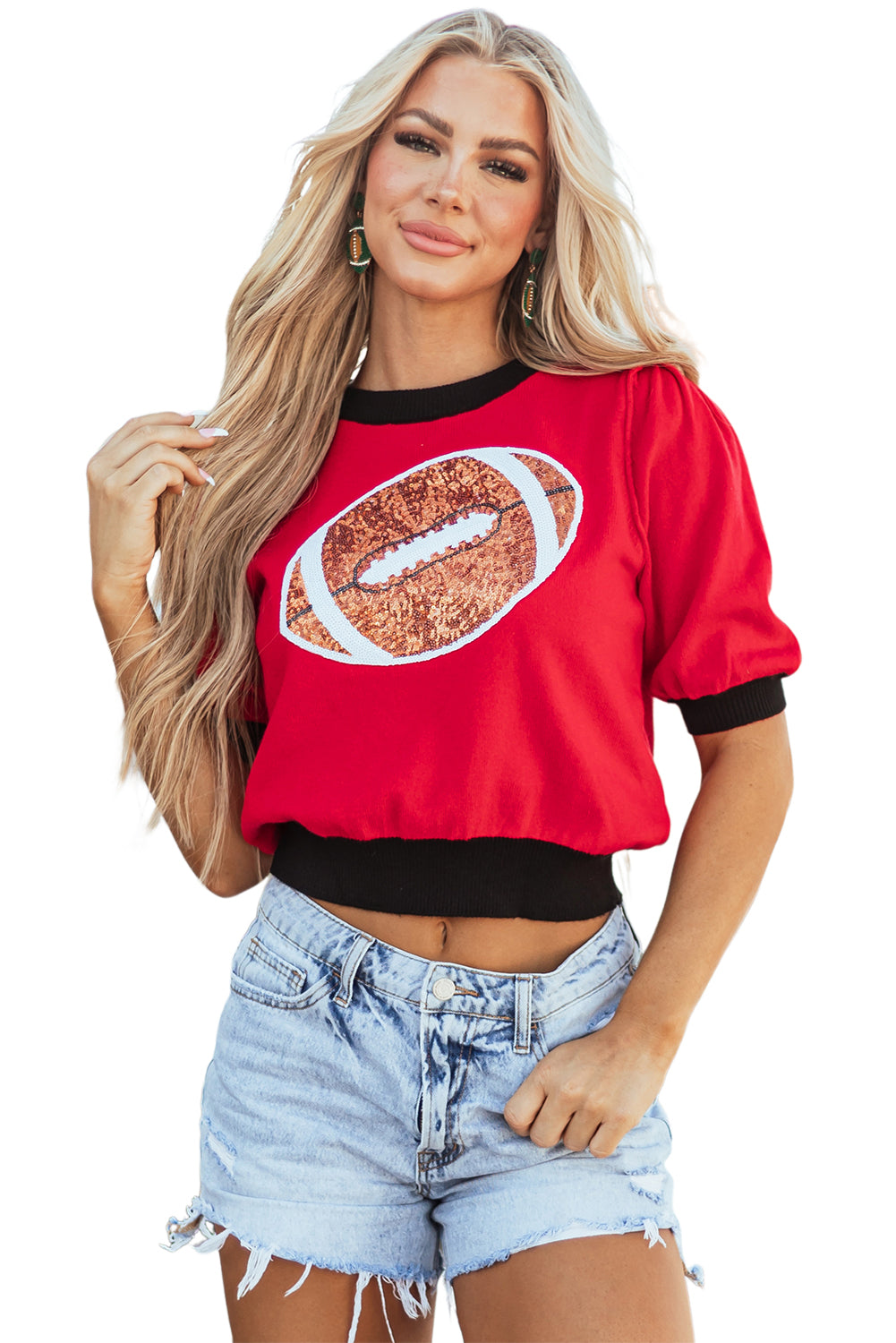 Sequin Rugby Colour Block Puff Short Sleeve Sweater | Red