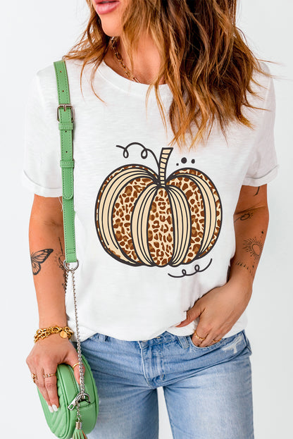 Leopard Pumpkin Graphic Crewneck Halloween T Shirt | White