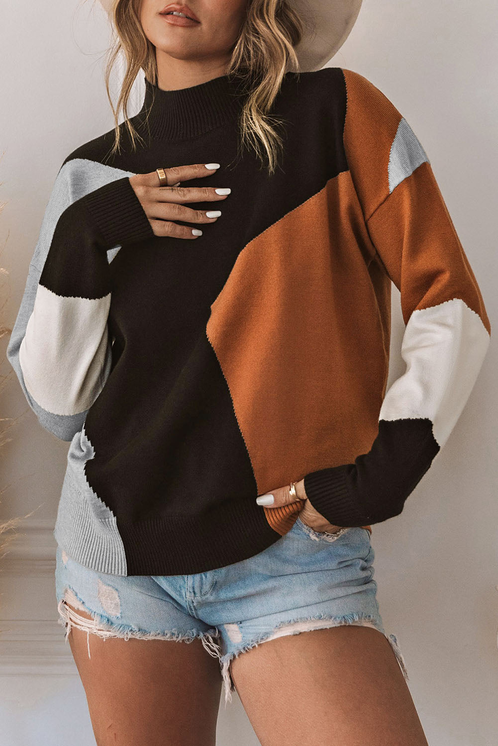 Colour Block Mock Neck Drop Shoulder Knit Sweater | Orange