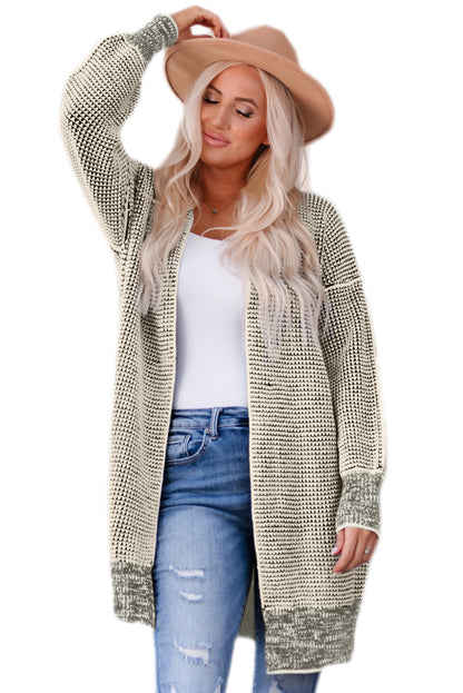 Plaid Knitted Long Open Front Cardigan | Apricot