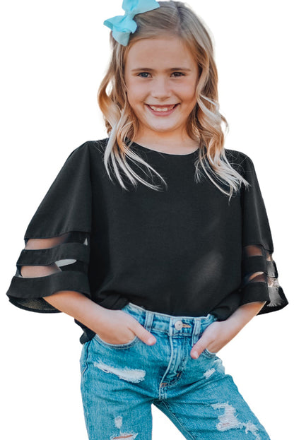 Girl'S 3/4 Bell Sleeve Mesh Panel Blouse | Black