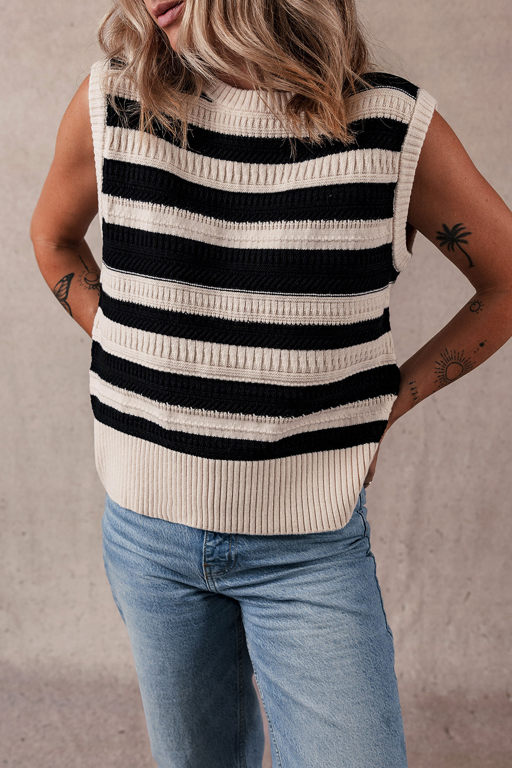 Ribbed Trim Knitted Sweater Vest | Black Stripe