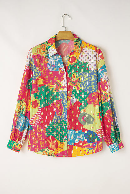 Colourblock Abstract Print Button Up Loose Shirt | Rose Red