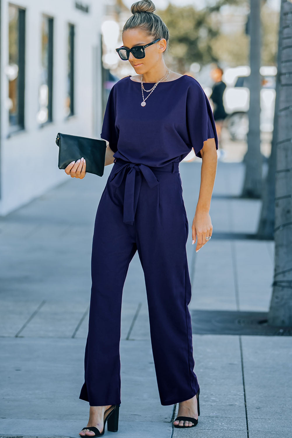 Belted Wide Leg Jumpsuit | Blue