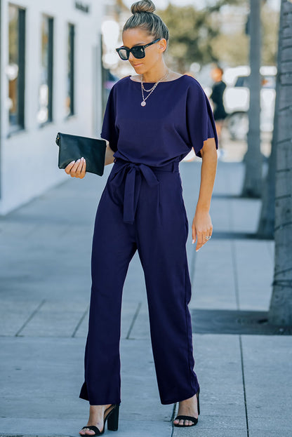 Belted Wide Leg Jumpsuit | Blue