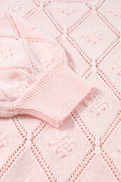 Openwork Plaid Puff Sleeve Cropped Sweater | Gossamer Pink