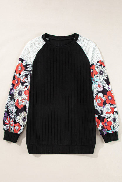 Floral Patchwork Long Sleeve Ribbed Blouse | Black