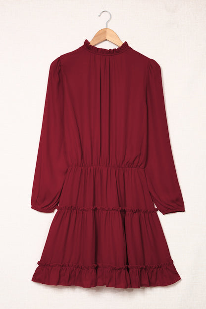 V Neck Long Sleeve Ruffle Tiered Mini Dress | Red