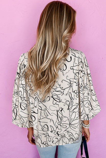 Abstract Print Balloon Sleeve Crew Neck Blouse | Beige