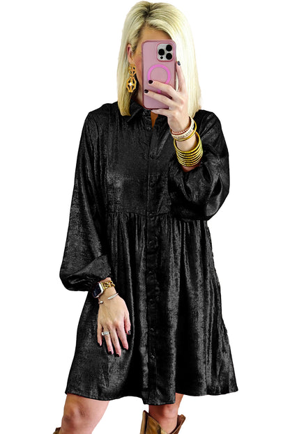 Metallic Sheen Puff Sleeve Button Up Mini Shirt Dress | Black