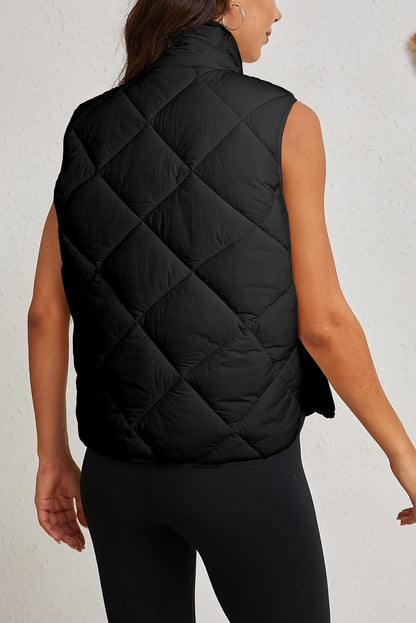 Quilted High Neck Button Up Pocket Vest Coat | Black