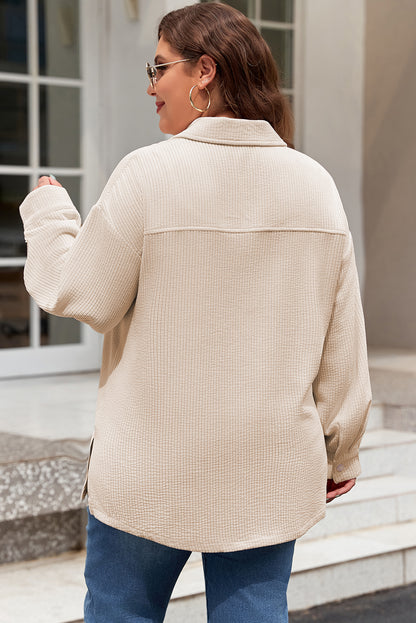 Textured Flap Pockets Buttoned Plus Size Shacket | Oatmeal