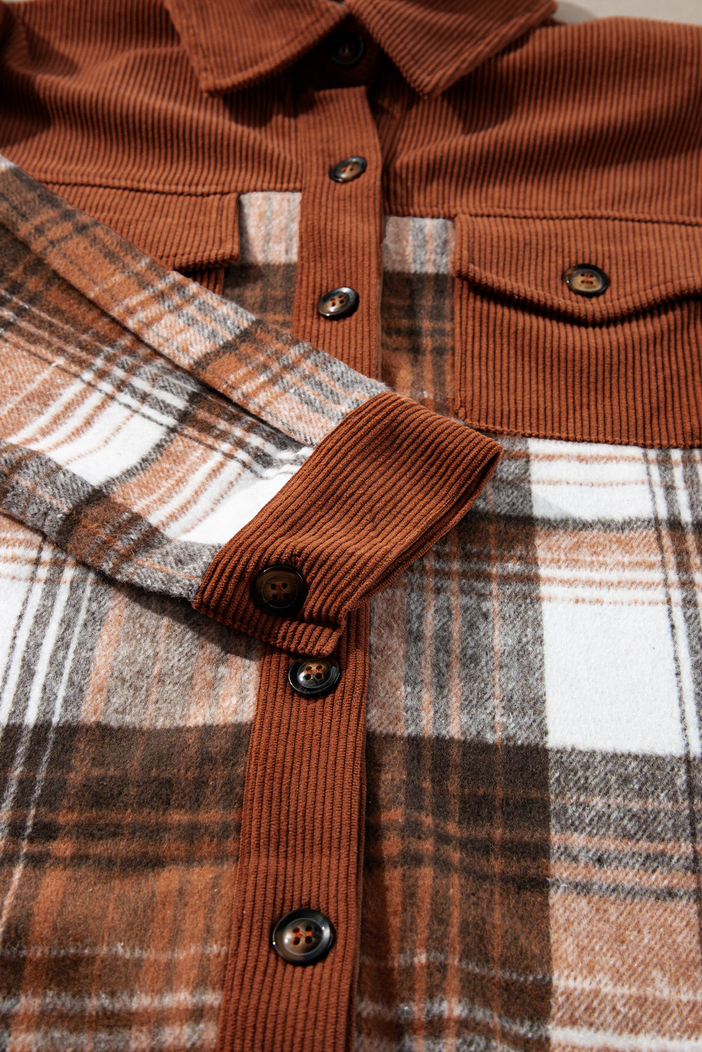 Plaid Corduroy Patchwork Chest Pocket Shacket | Cinnamon