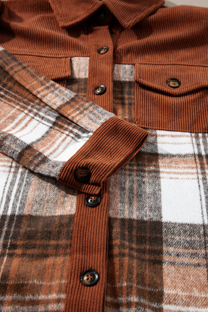 Plaid Corduroy Patchwork Chest Pocket Shacket | Cinnamon