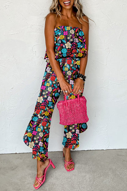 Mix Tropical Print Strapless Ruffled Jumpsuit | Red