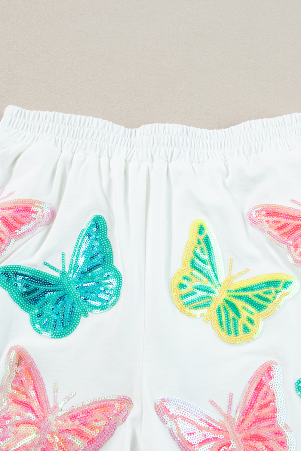 Colourful Sequin Butterfly Puff Sleeve Top Shorts Set | White