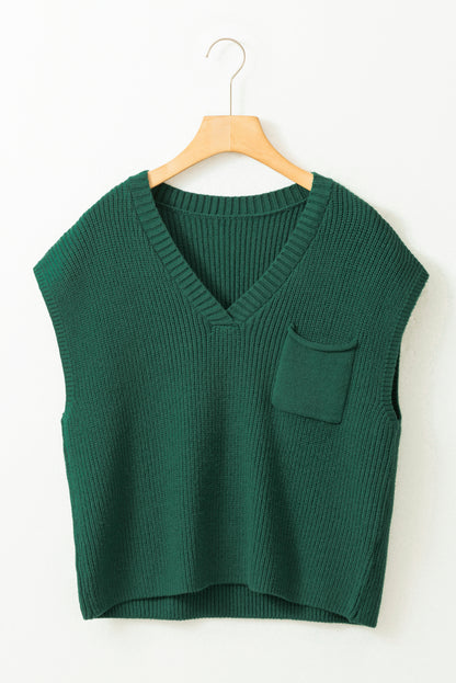 Chest Pocket V Neck Ribbed Cap Sleeve Sweater | Blackish Green