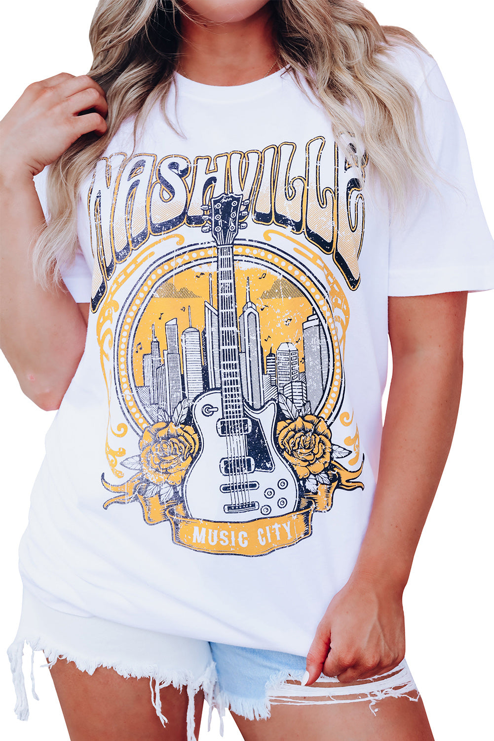 Music City Nashville Guitar Graphic T Shirt | White