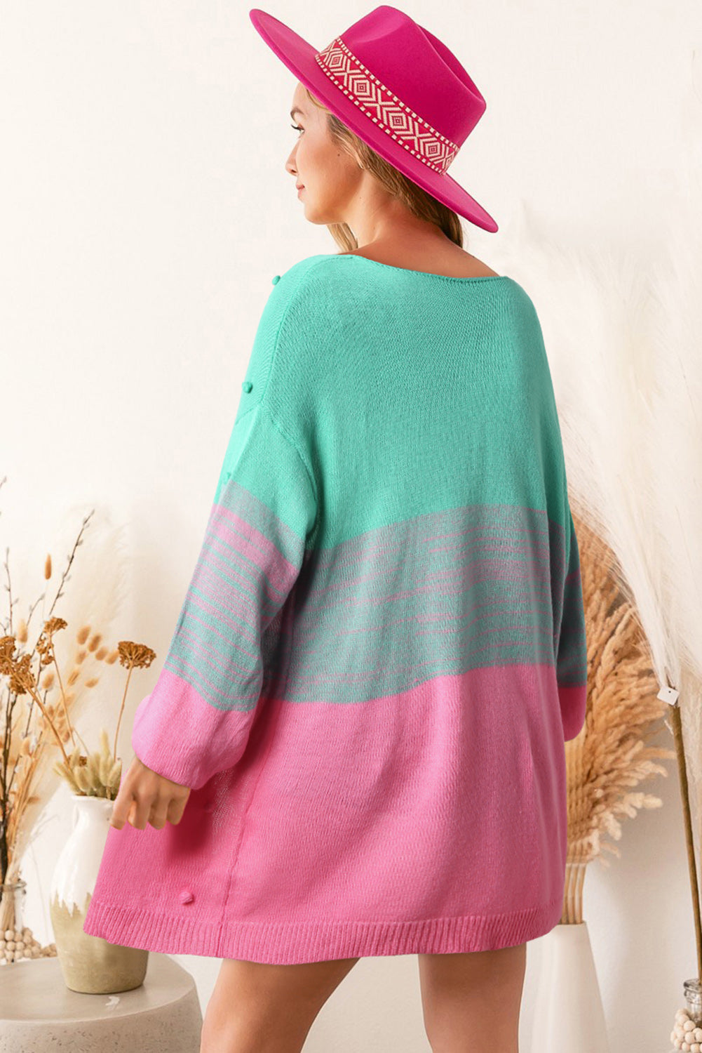 Pompom Colour Block Open Front Cardigan | Rose