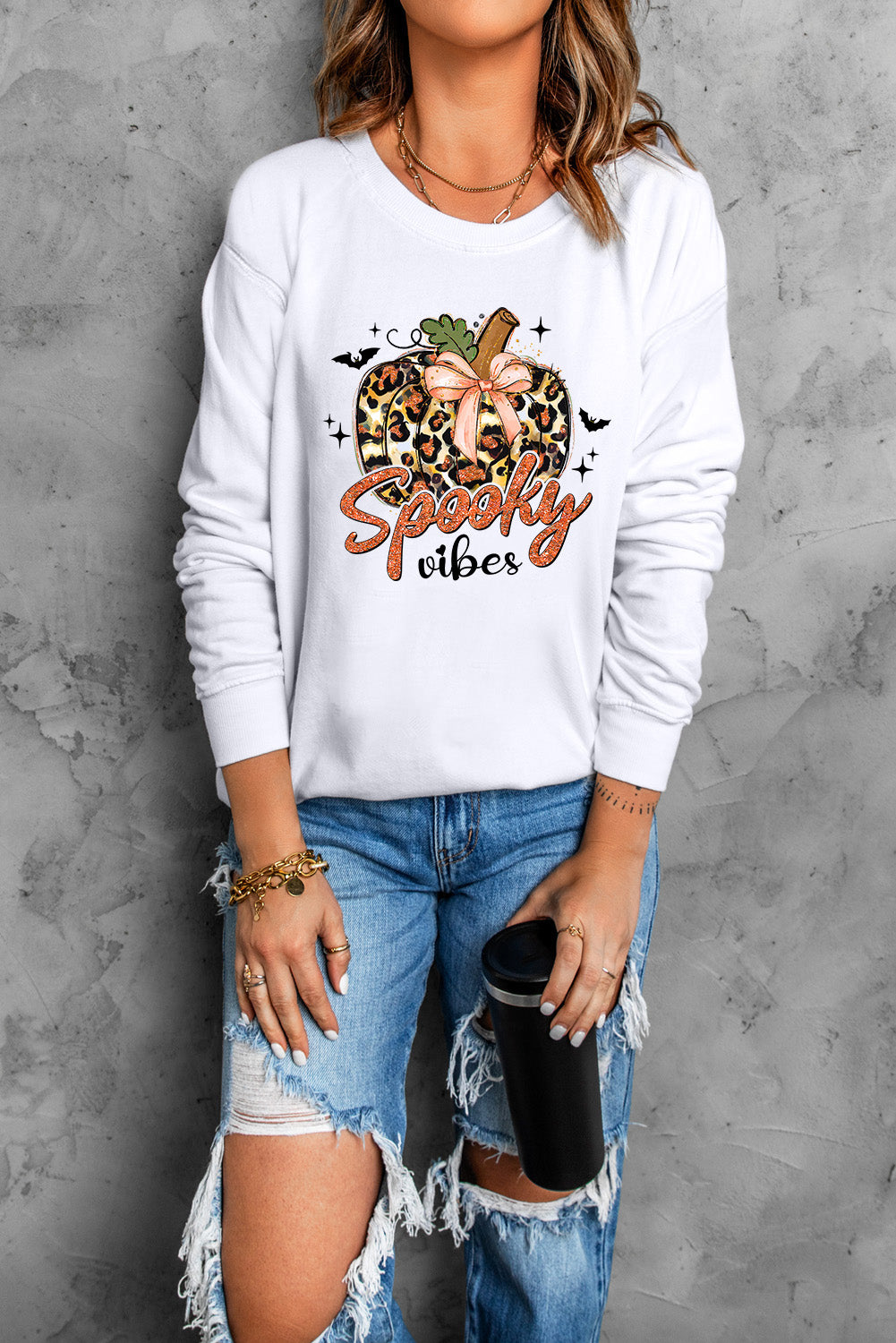 Spooky Leopard Pumpkin Print Crew Neck Sweatshirt | Beige