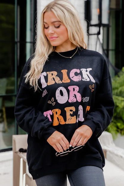 Trick Or Treat Graphic Crewneck Halloween Sweatshirt | Black