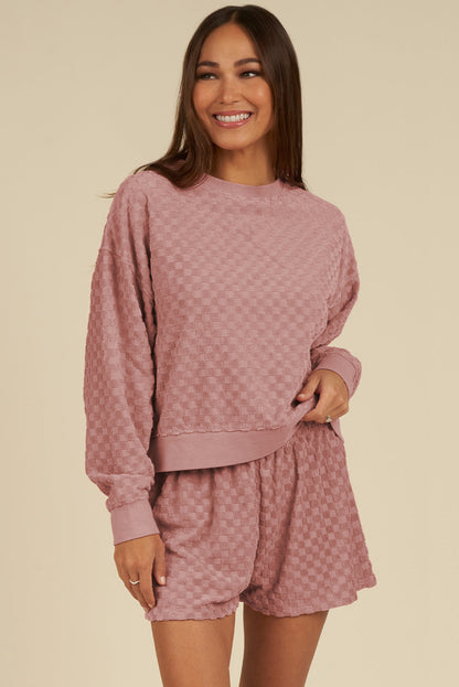 Checkered Textured Long Sleeve Top And Shorts Set | Blossom