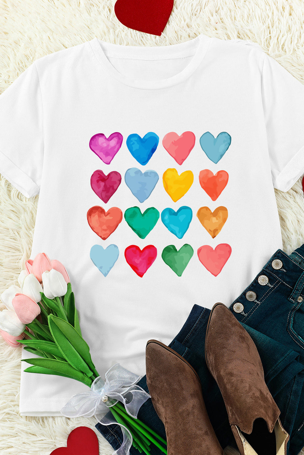 Colourful Heart Shaped Print Crew Neck T Shirt | White