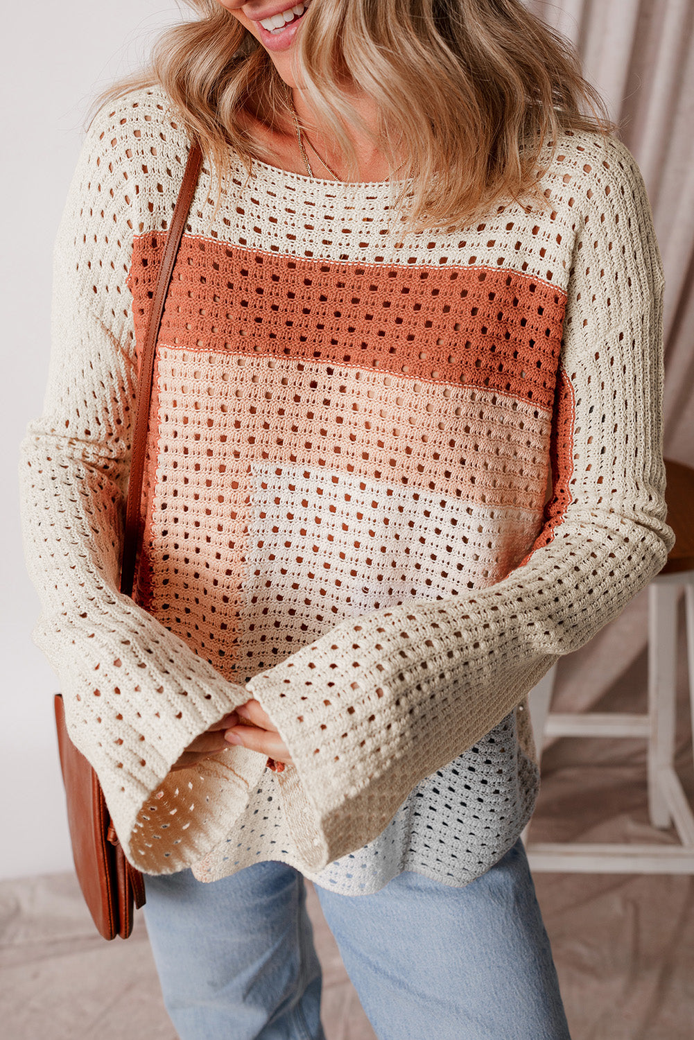 Pointelle Knit Colourblock Baggy Sweater | Apricot