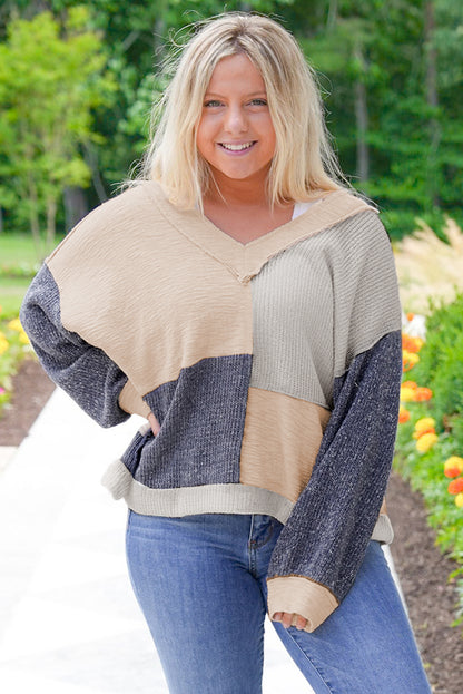 Plus Size Textured Colourblock Patchwork V Neck Top | Ashleigh Blue