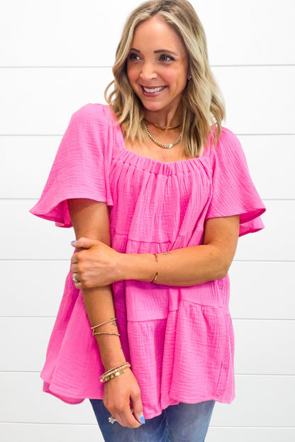 Textured Square Neck Flutter Sleeve Tiered Flowy Blouse | Bright Pink