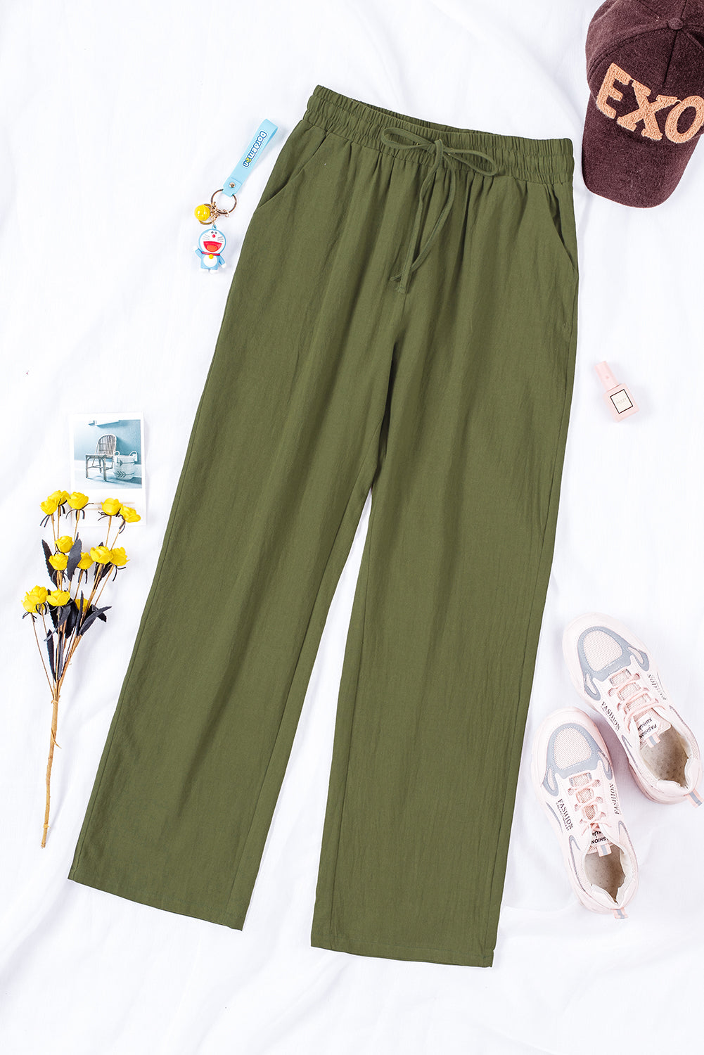 Drawstring Elastic Waist Pockets Long Straight Legs Pants | Green