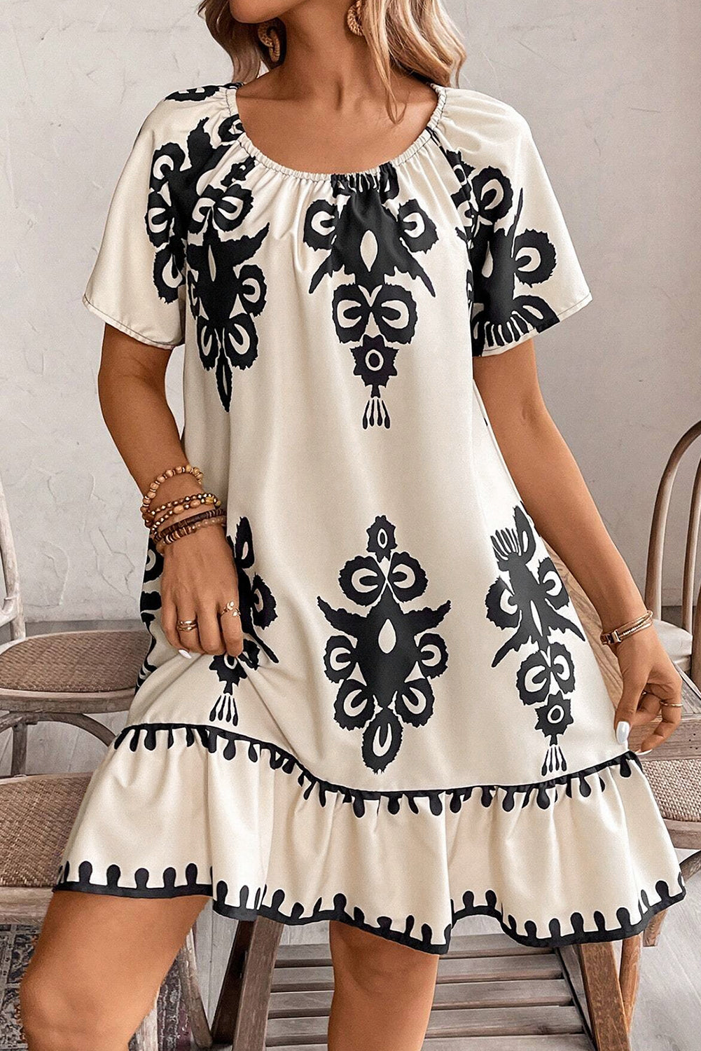 Western Print Ruffled Short Sleeve Loose Dress | Apricot