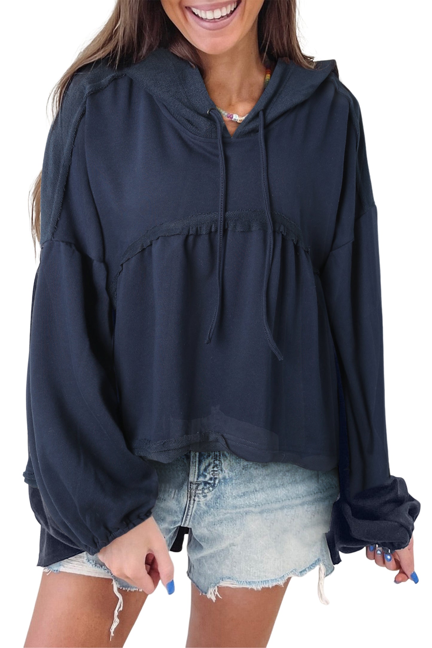 Dark Blue Oversized Ruffled High Low Hem Drop Shoulder Hoodie | Black