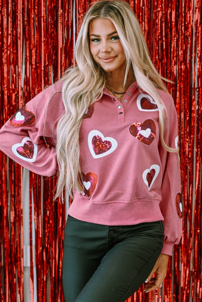 Pink Mineral Wash Sequin Heart Snap Buttons Collared Sweatshirt