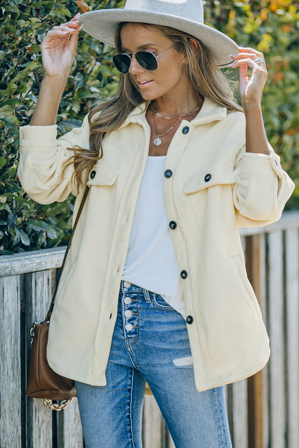 Turn Down Collar Buttoned Shirt Jacket | Beige