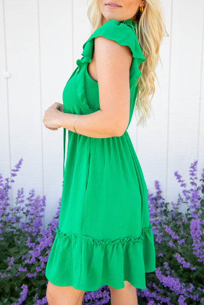 Split V Neck Elastic Waist Ruffled Dress | Bright Green