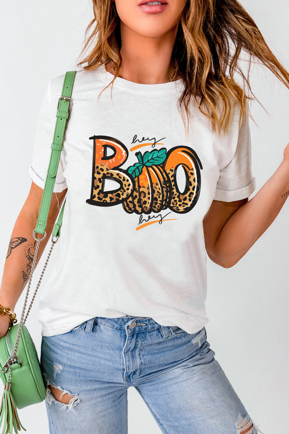 Boo Pumpkin Leopard Print Crew Neck T Shirt | White