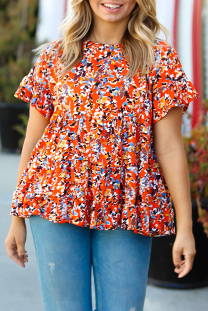 Floral Printed Ruffle Sleeve Curvy Babydoll Blouse | Orange