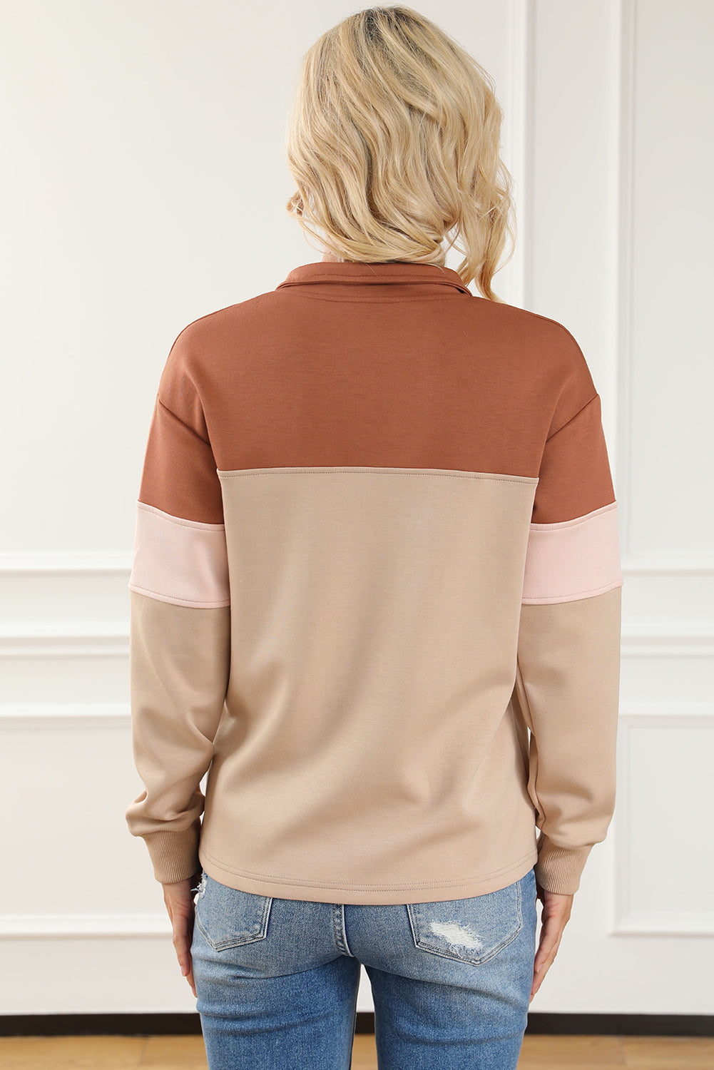 Colour Block Zip Mock Neck Pocketed Sweatshirt | Khaki