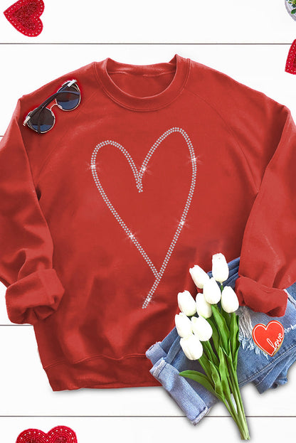 Fiery  Rhinestone Heart Shaped Long Sleeve Sweatshirt | Red