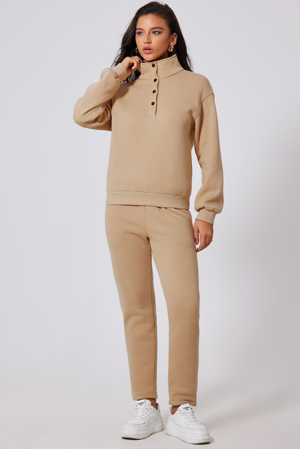 Solid Half Button Sweatshirt And High Waist Sweatpants Set | Parchment